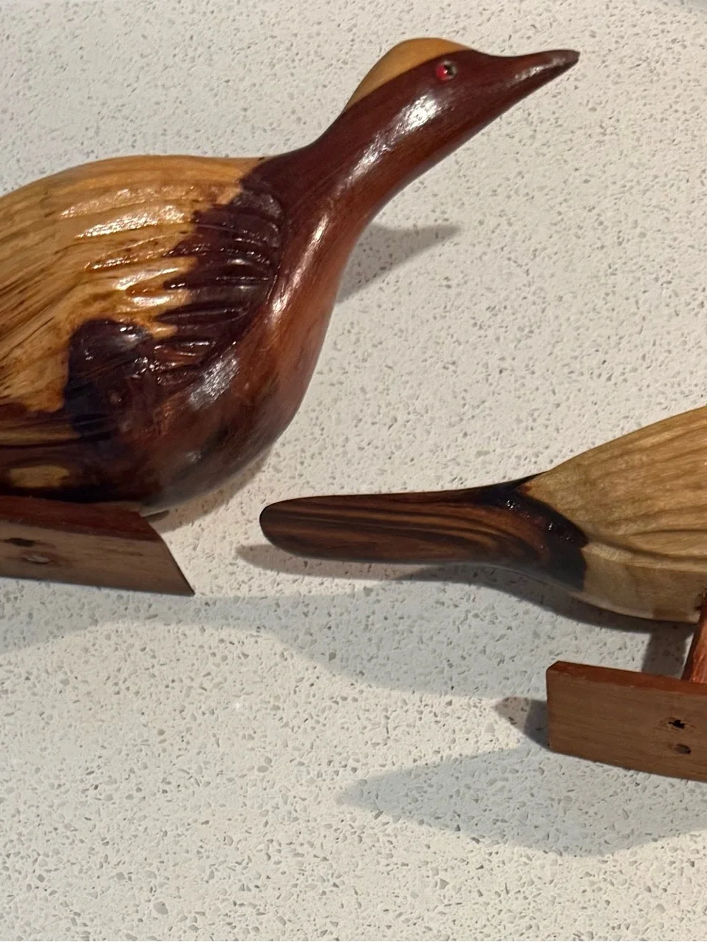 Vintage 2pcs Jamaican Hand Carved Wooden Bird Figurines on Matching Stands